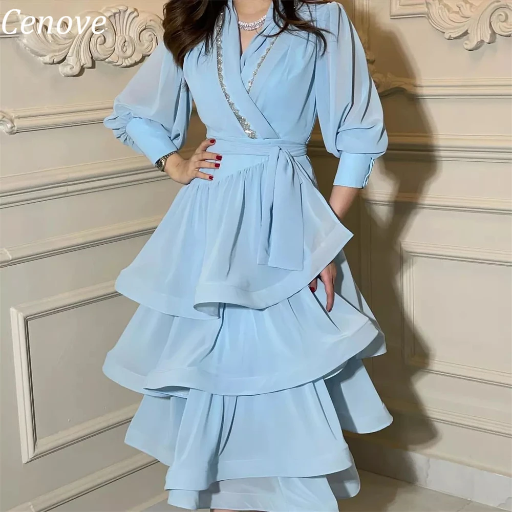 

Cenove A-Line Bubble Sleeves Evening Gown Formal Princess V-Neck Prom Blue Sequins New Party Dresses for Women 2023