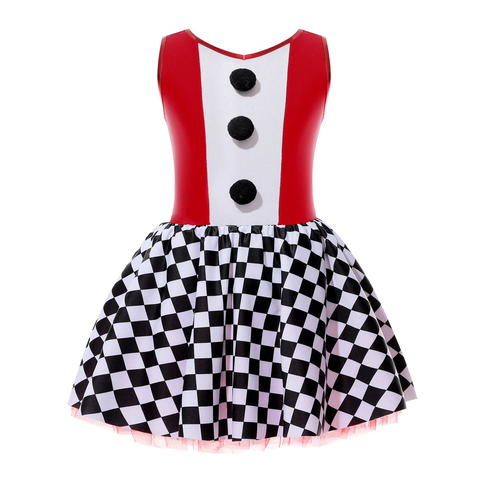 

Kids Girls Halloween Circus Clown Costume Checkerboard Print Color Contrast Patchwork Tutu Dress Carnival Theme Party Cosplay