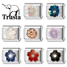 Trusta 2024 New Fashion Color Flower Charm Italian Links 9mm Bracelet Stainless Steel for Women DIY Jewelry N023