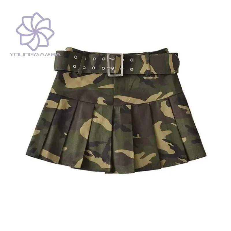 

American Retro Army Green Camouflage Half Skirt for Women Spring New High Waisted A-line Pleated Mini Skirts