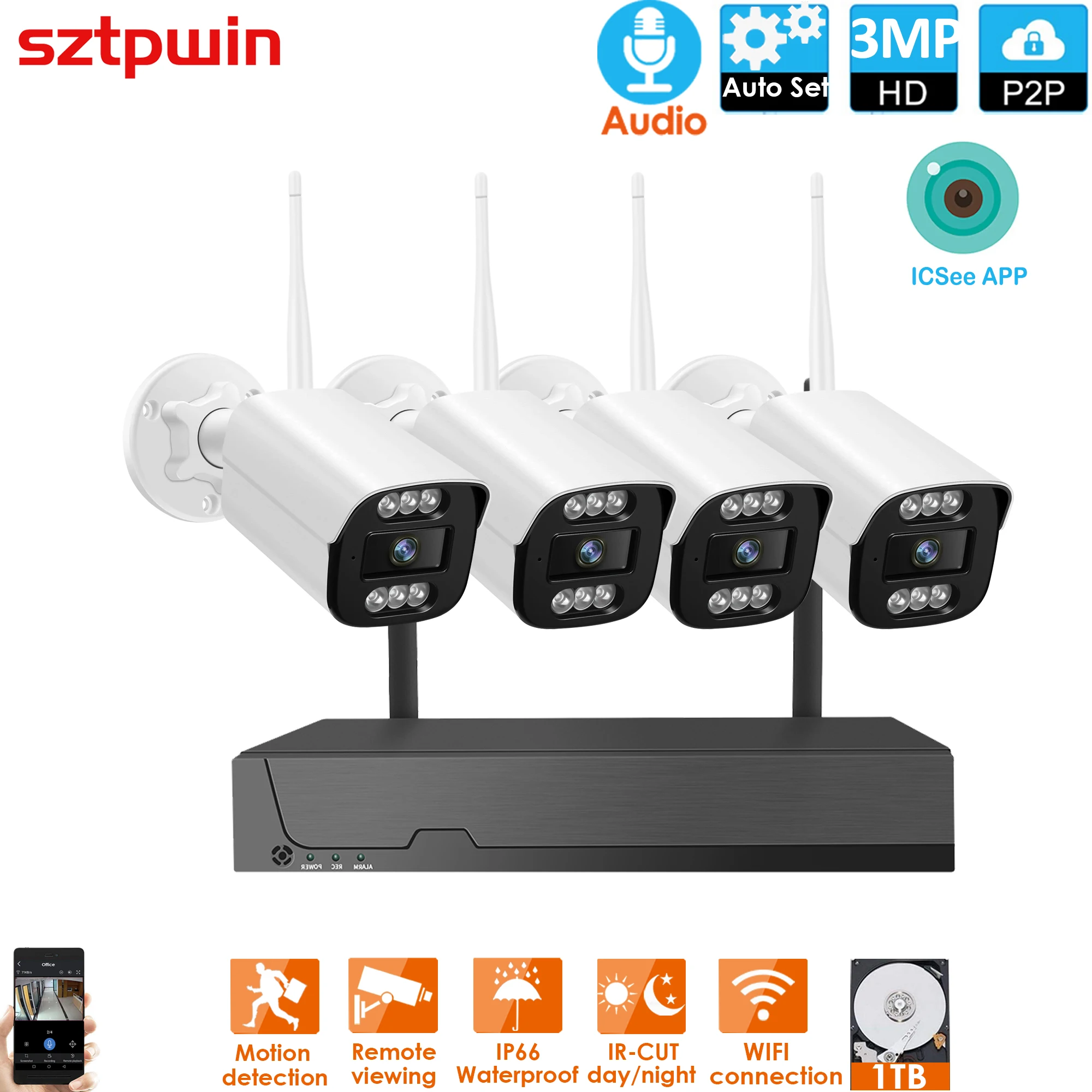 

XMEYE 4CH 3.0MP HD Audio Wireless NVR P2P 3MP Indoor Outdoor IR Night Vision Security Plastic Network IP Camera WIFI CCTV System