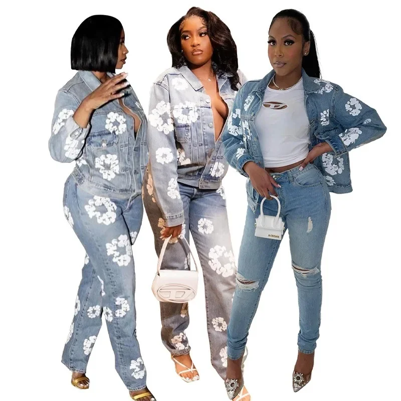 

Jeans Floral Print Denim Jackets Women Fashion Casual Turn Down Collar Long Sleeve Single Breated Coat Streetwear Tops Outwear