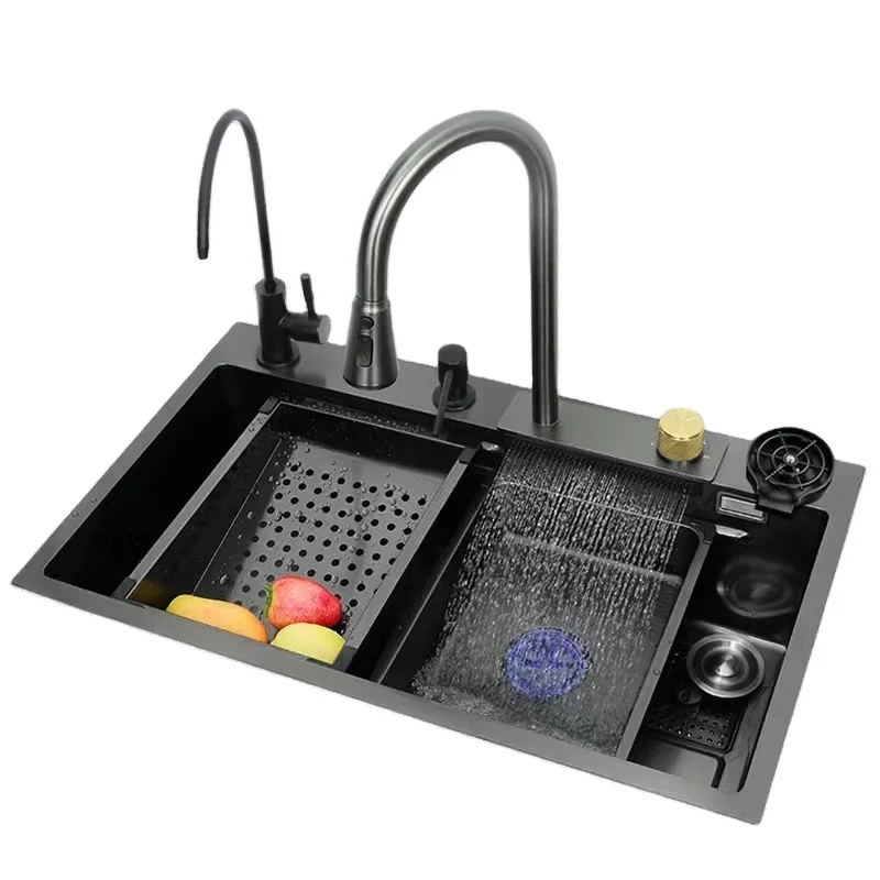 

Кухонная мойка, черная нано-одиночная современная кухонная раковина из нержавеющей стали «Водопад», умная кухонная раковина из нержавеющей стали 304