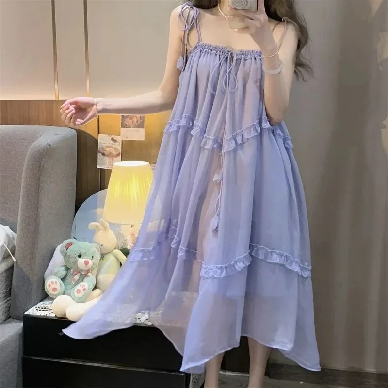 Ruffles Nightgown Sleepwear Womens Korean Chiffon Night Dress One Piece Pajamas Slash Neck Summer Tie Spaghetti Strap Home Wear
Ruffles Nightgown Sleepwear Womens Korean Chiffon Night Dress One Piece Pajamas Slash Neck Summer Tie Spaghetti Strap Home Wear