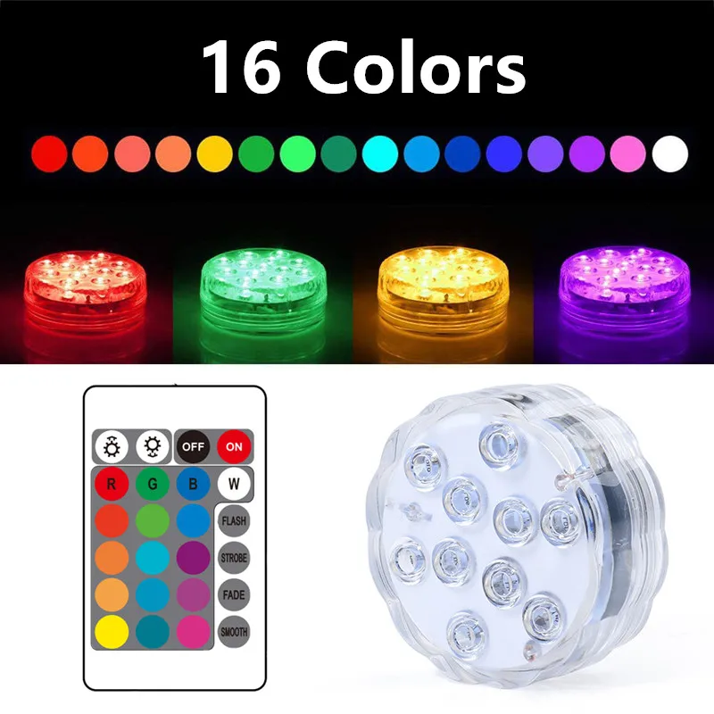 

10 Led Remote Controlled RGB Submersible Light Battery Operated Underwater Outdoor Night Lamp Vase Bowl Garden Party Decoration