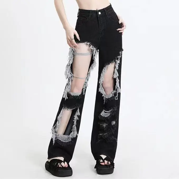 

New All-Match Y2k Distressed Women Broken Hole Jeans High Street Hip Hop High Waist Straight Loose Trousers Washed Mopping Pants