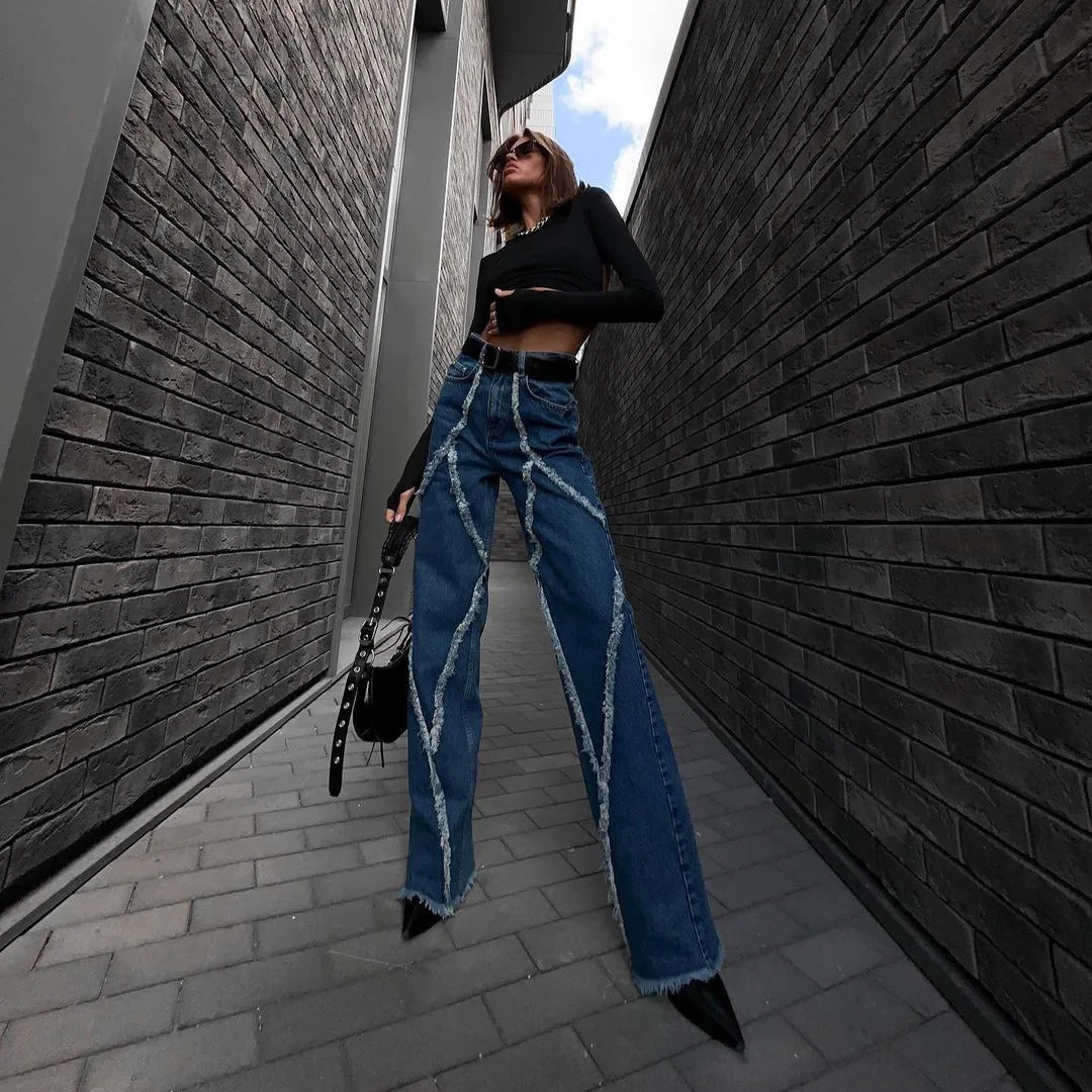

High Waisted Straight Leg Jeans With A Niche Design, Loose Lazy Drape, Patchwork And Slimming Effect For Women In Long Pants