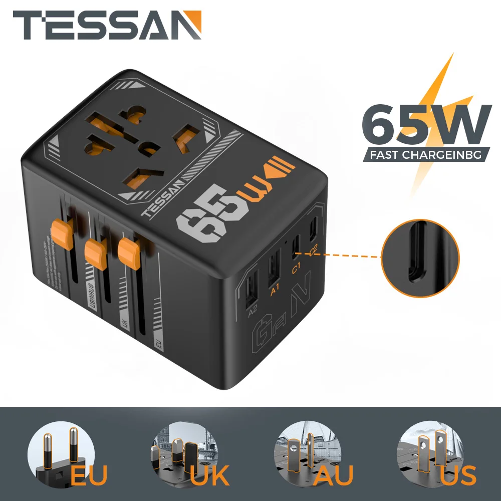 

TESSAN 35W/65W/100W GaN Universal Travel Adapter with USB Ports Type C Fast Charging Power Adapter EU/UK/USA/AUS plug for Travel