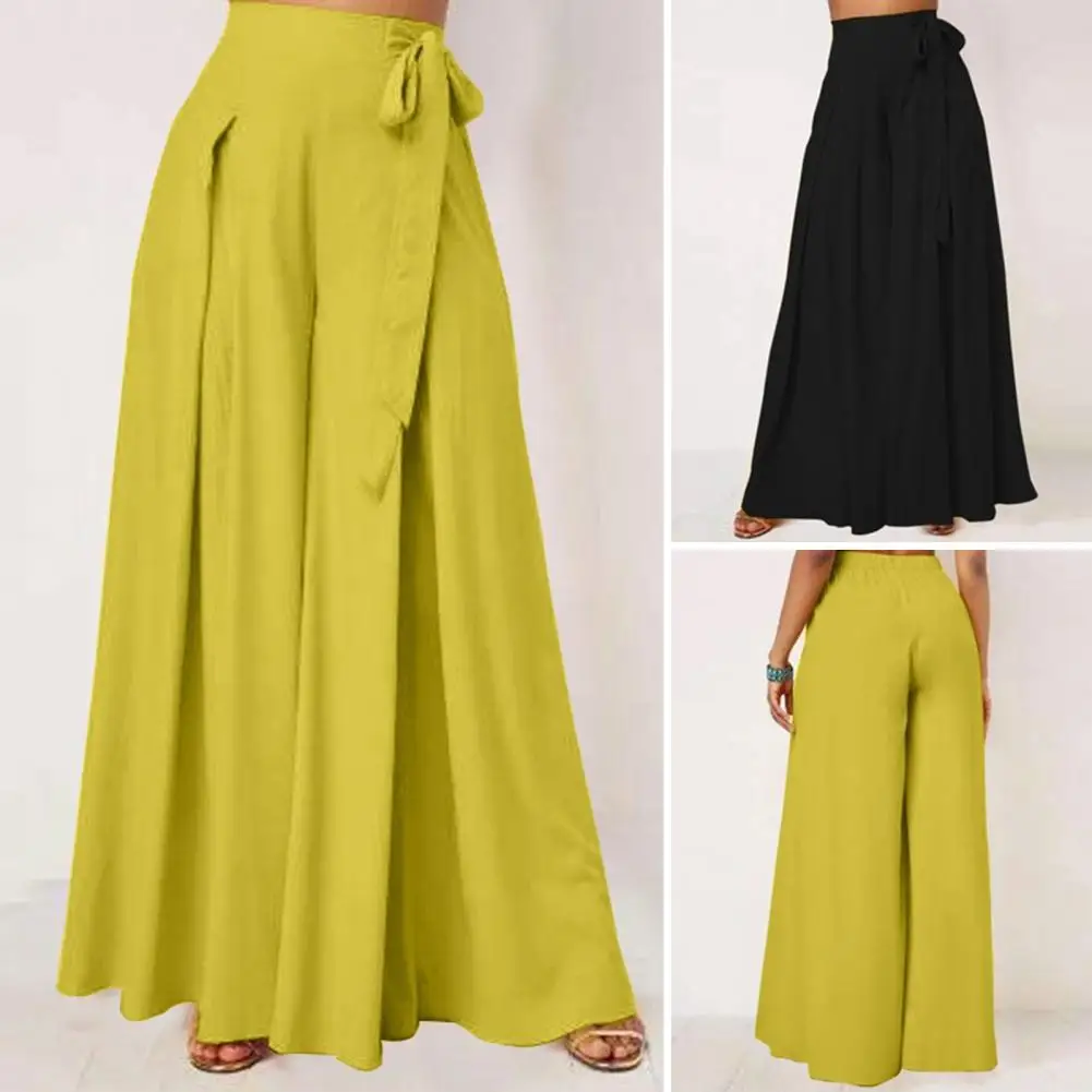 

Elegant High Waist Pleated Solid Flare Trousers Fashion Summer Women Loose Wide Leg Pants Lace-up Bow Tie Long Pantalon Pants