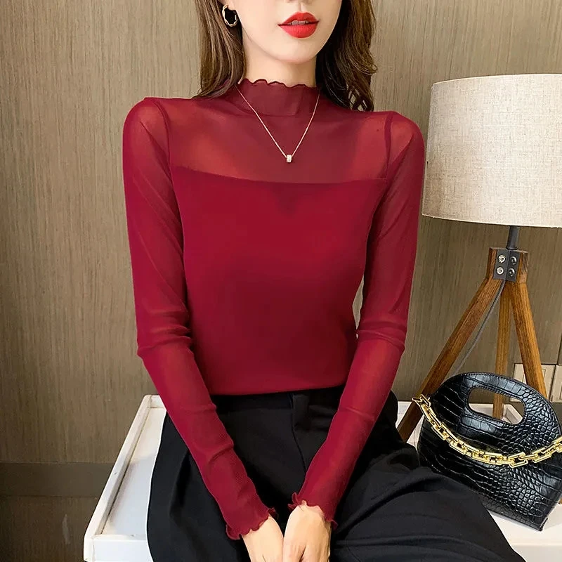 Vintage Spring Autumn Fashion Woman Oversized Lace Gauze Agaric Edge T-Shirt Turtleneck All-match Elegant Office Lady Female Top Vintage Spring Autumn Fashion Woman Oversized Lace Gauze Agaric Edge T-Shirt Turtleneck All-match Elegant Office Lady Female Top