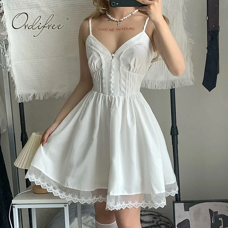 

Ordifree 2022 Summer Y2k Women White Mini Dress Spaghetti Strap Lace Crochet Short Sexy Backless Party Dresses