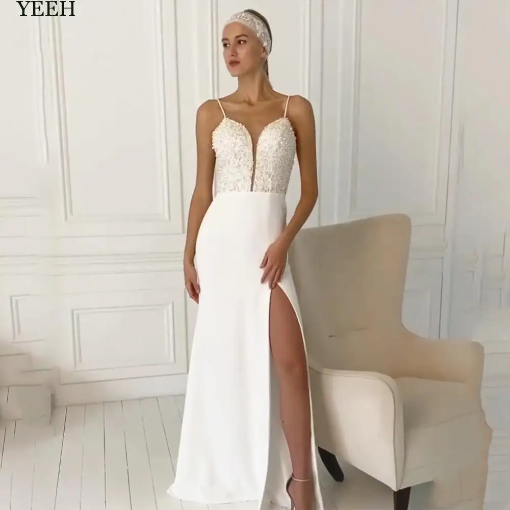 

YEEH Spaghetti Straps Beading Wedding Dress Sheath Satin High Slit Bridal Gowns Sexy V-Neck Criss Cross BacklessVestido De Novia