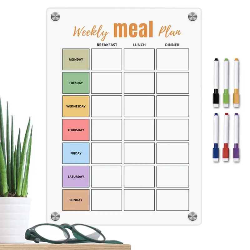 

Weekly Meal Planner Magnetic Acrylic White Meal Prep Planner 6 Pens Erasable Grocery List Magnet Pad For Fridge Breakfast Lunch