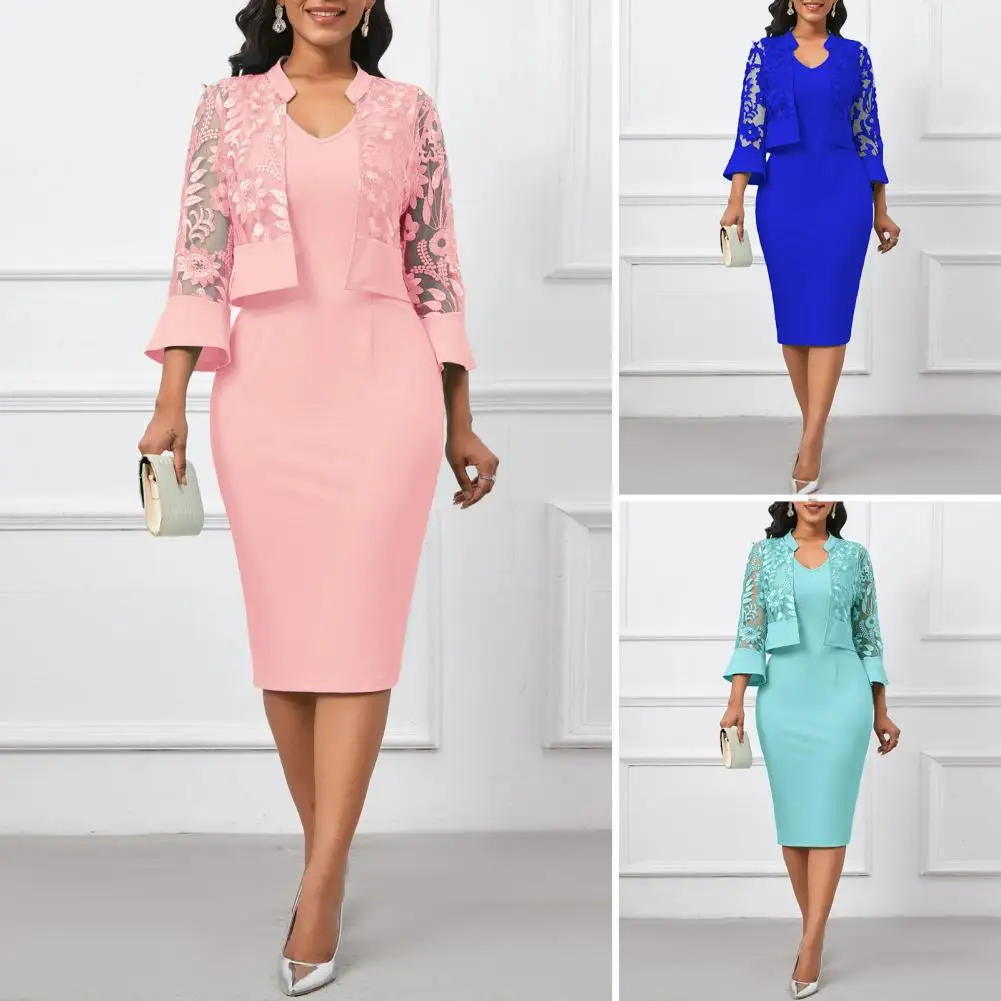 

Офисная одежда, элегантный кружевной кардиган, платье, комплект для женщин с вышивкой, V-образный вырез, дизайн три четверти для официальных мероприятий