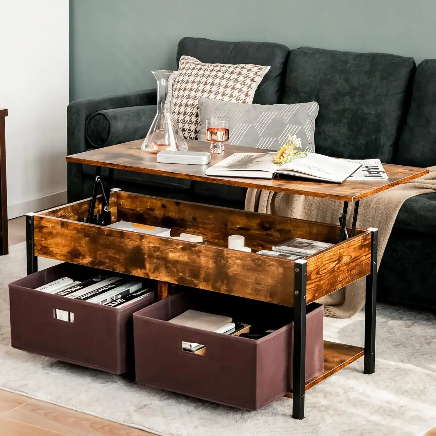 Lift Top Coffee Table with Drawers,Multifunctional Pop-up Central Table,Concealed Compartment & 2 Folding Fabric Drawers
Lift Top Coffee Table with Drawers,Multifunctional Pop-up Central Table,Concealed Compartment & 2 Folding Fabric Drawers