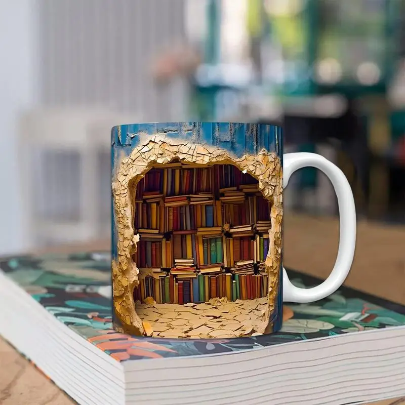

350ml Book Lover Ceramic Coffee Mug 3D Color Pattern Readers tea Mugs Beverage Bookshelf Library Shelf Cup Xmas Gift for Readers