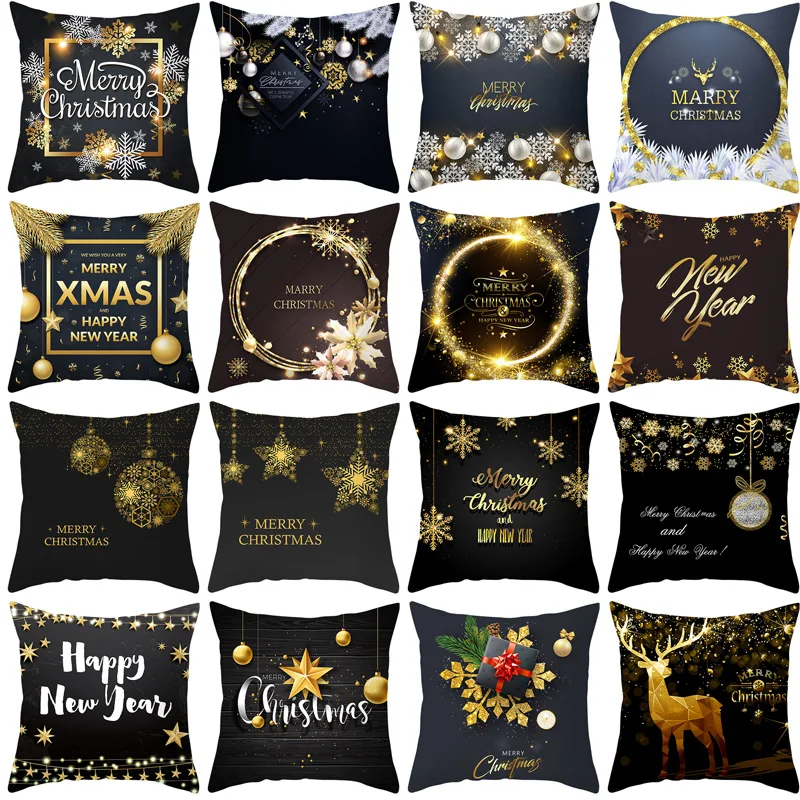 

2023 Peach Skin Velvet Black Gold Christmas Throw Pillows Cover New Snowflake Letter Sofa Pillow Case Home Decor Cushion Cover