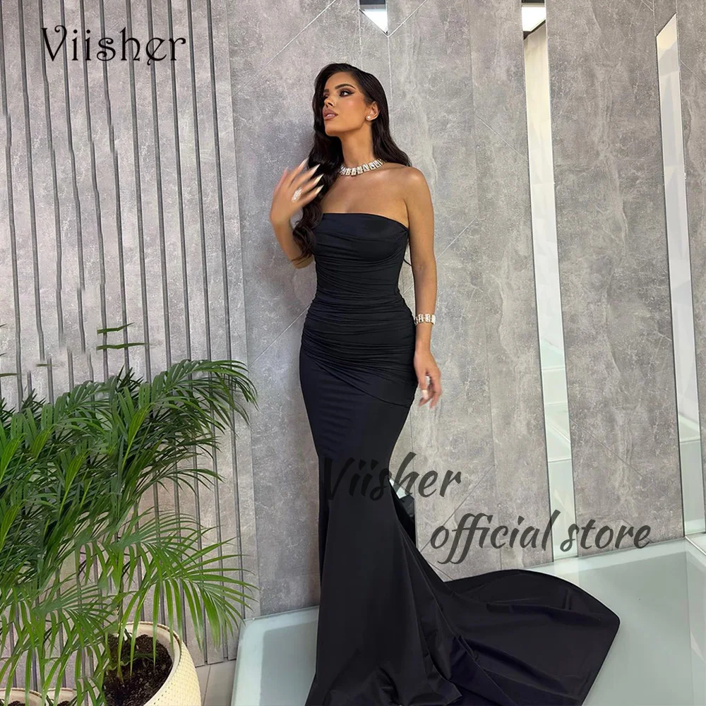 

Viisher Black Mermaid Evening Dresses for Women Pleats Satin Bodycon Long Prom Party Dress with Train Dubai Celebrate Event Gown