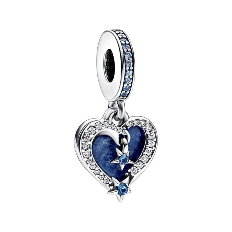 

Celestial Shooting Stars Hearts Double Pendants Charms For Women 925 Sterling Silver Jewelry Blue Crystals Zircons Stones Enamel