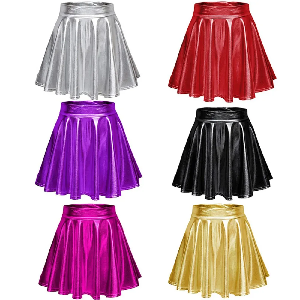 

Women's Glossy Latex Patent Leather Wet Look Flared Pleated Mini Skater Skirts Casual Latex A-line Short Mini Skirts Clubwear