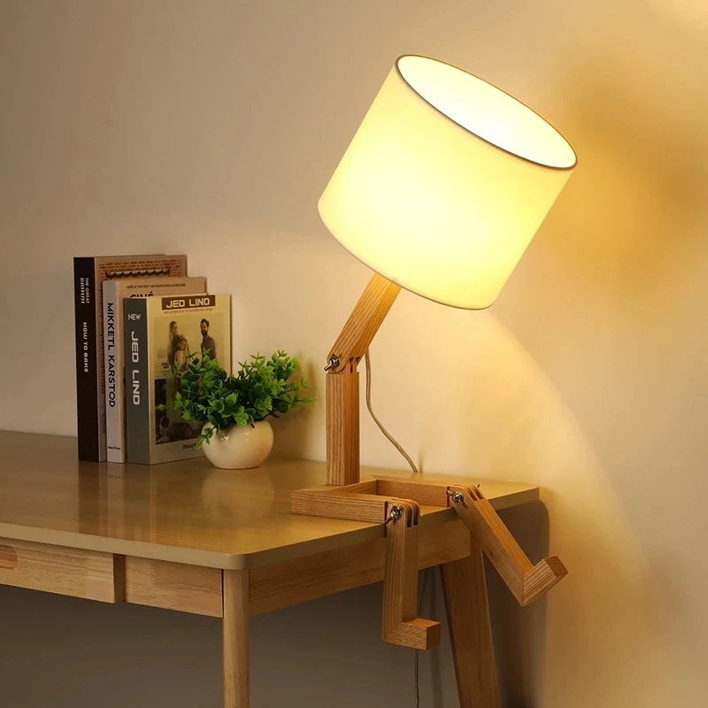 

Robot Shape Wooden Table Lamp E14 Lamp Holder 110-240V Modern Cloth Art Wood Desk Table Lamp Parlor Indoor Study Night Light