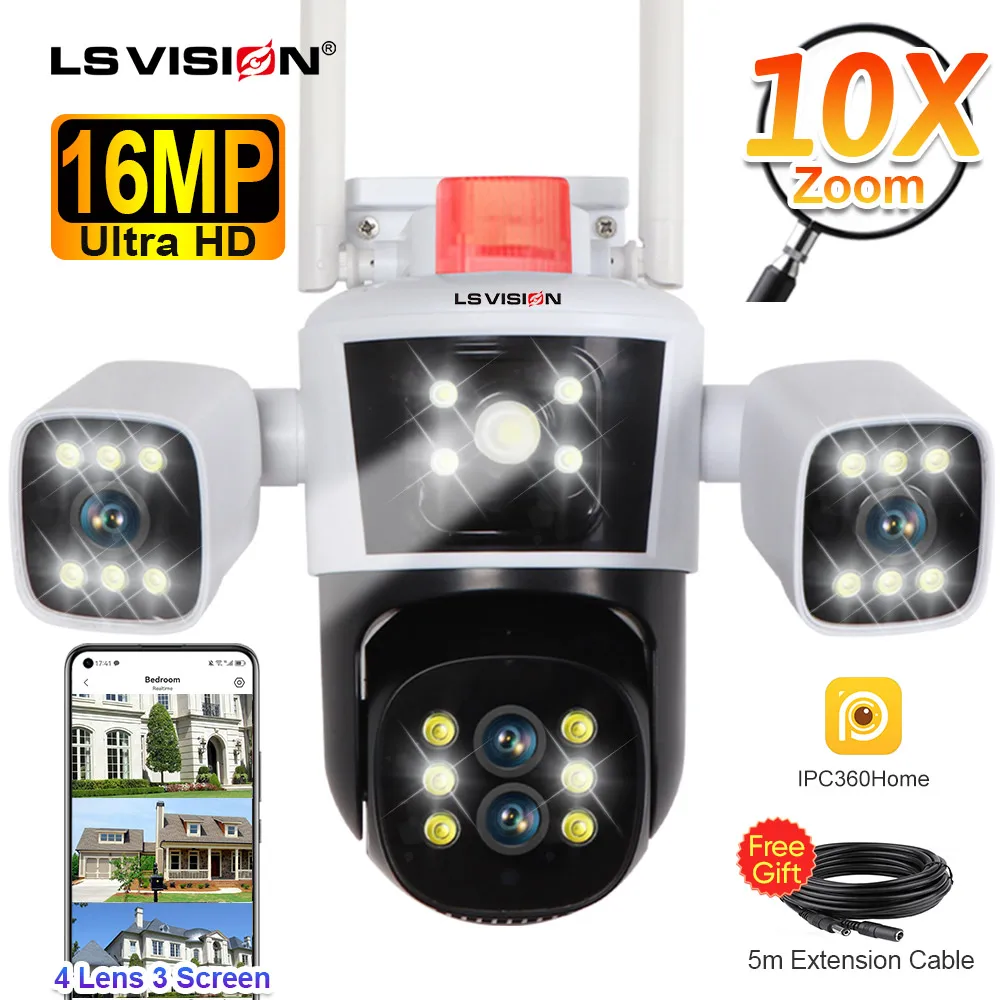 

LS VISION 16MP 10X Zoom WiFi Three Screens IP Camera Outdoor 8K UHD PTZ Four Lens Human Auto Tracking Waterproof Security Camera