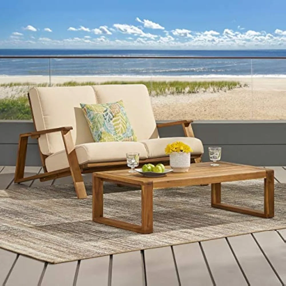 Outdoor Patio Loveseat and Coffee Table Set, Patio Furniture Set with Thick Cushion, Acacia Wood Frame Conversation Set for Gard Outdoor Patio Loveseat and Coffee Table Set, Patio Furniture Set with Thick Cushion, Acacia Wood Frame Conversation Set for Gard