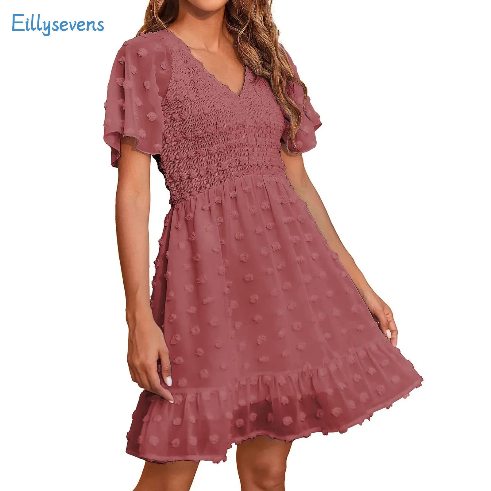 

Women'S V Neck Smocked Dresses Summer Causal Thin Short Sleeve Dress Fashion Dot Swing Flowy Ruffle Hem Beach Vacation Dresses