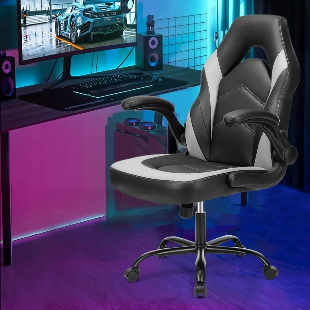 

Computer Gaming Desk Chair - Ergonomic Office Executive Adjustable Swivel Task PU Leather Racing Chair with Flip-up Armrest