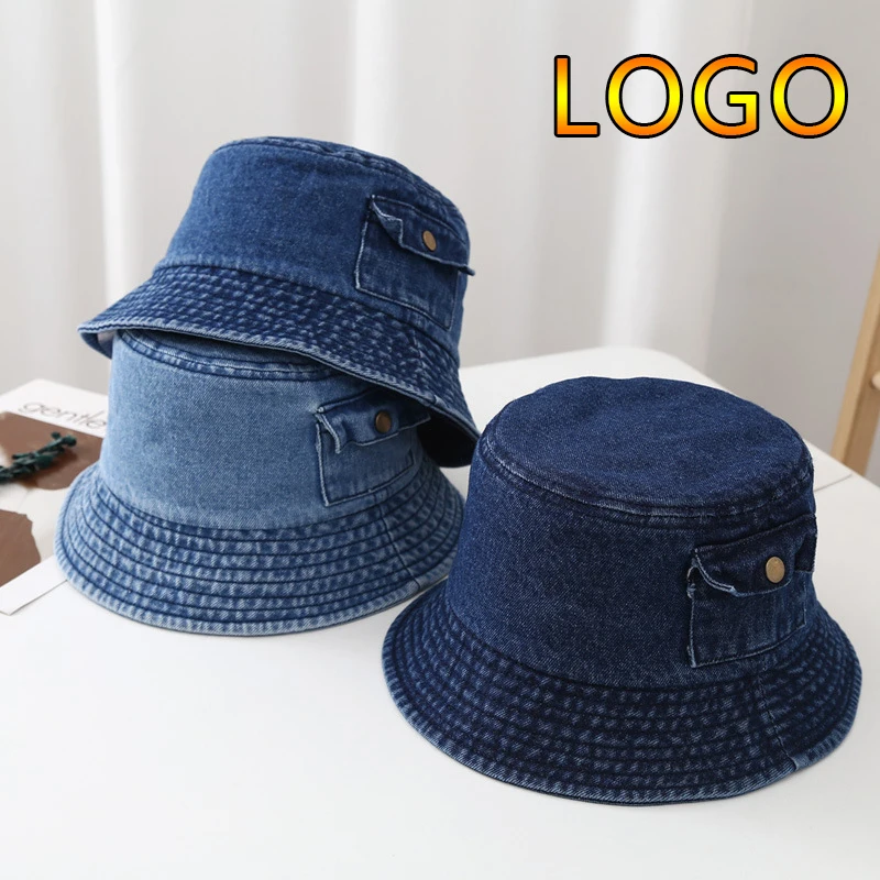 

New Custom Logo Foldable Fisherman Hat Women Vintage Denim Small Pocket Short Eaves Bucket Hats Outdoor Wide Brim Panama Cap