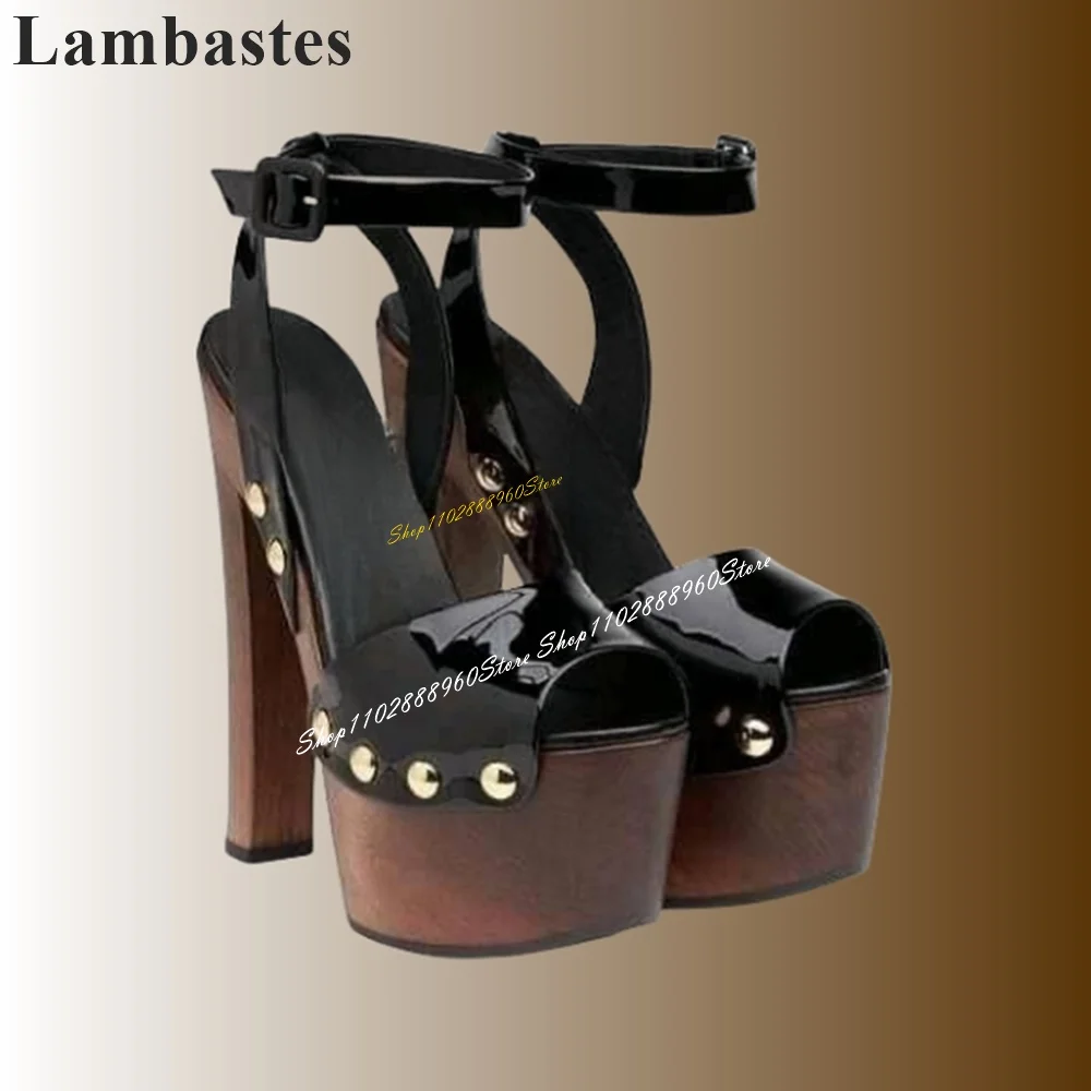 

Patent Leather Black Wood Platform Sandals Chunky High Heel Women Shoes Ankle Buckle Strap Peep Toe 2024 Zapatos Para Mujere