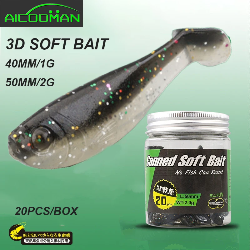20pcs/set AICOOMAN Fishing Lures Silicone T-tail Soft Baits 40mm 1g 50mm 2g Artificial Baits Swimbait Carp Pike Trout Lures
20pcs/set AICOOMAN Fishing Lures Silicone T-tail Soft Baits 40mm 1g 50mm 2g Artificial Baits Swimbait Carp Pike Trout Lures