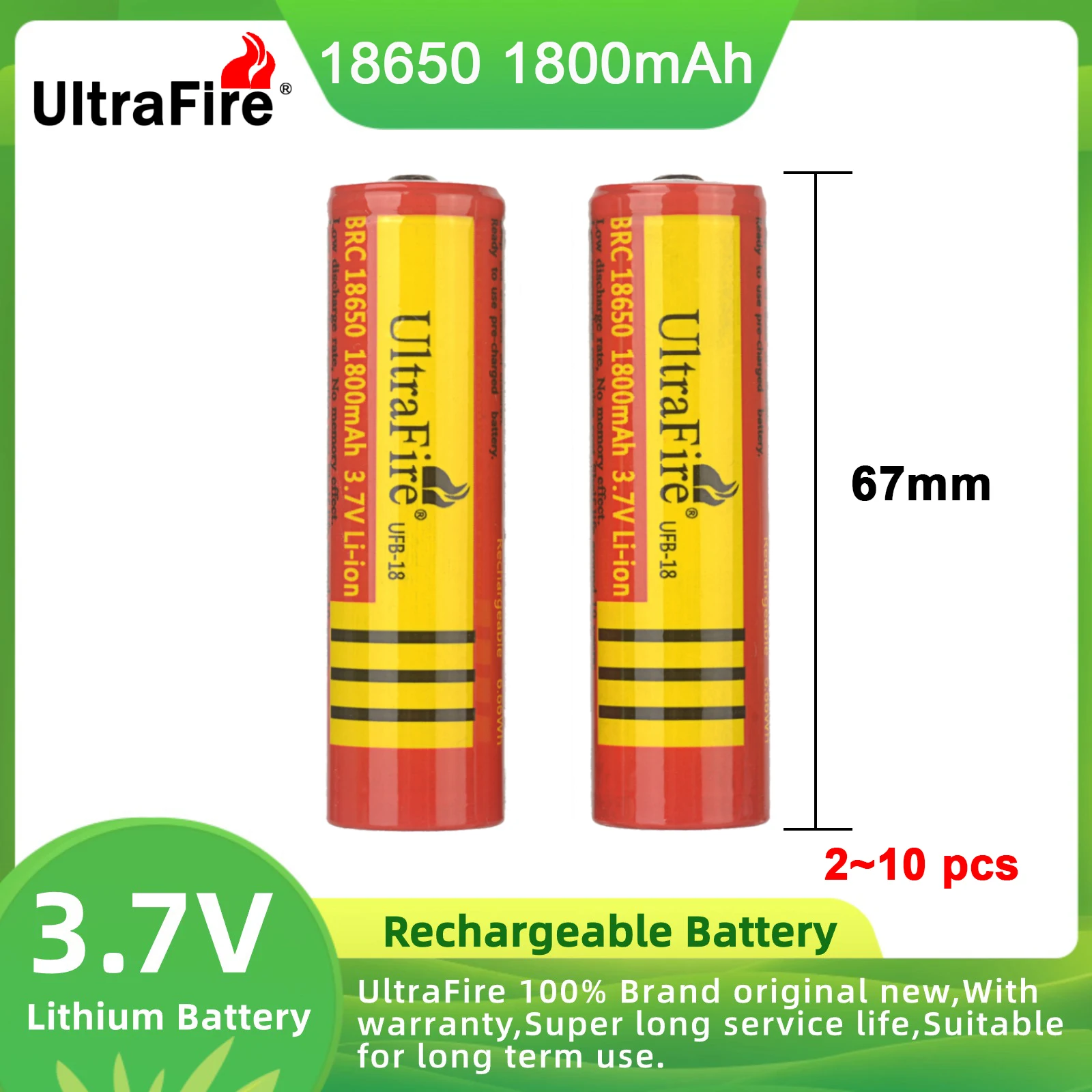

UltraFire 18650 Li-Ion Battery 1800Mah 3.7V Rechargeable Lithium Batteries For Electri Toy Bicycle Light Headlight Flashlight