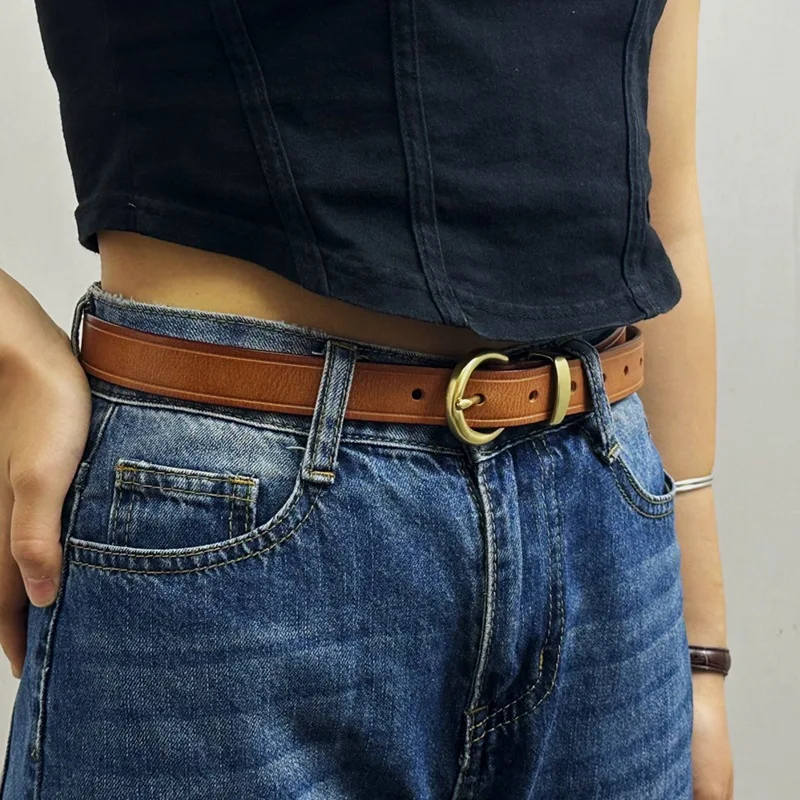 

2.4cm Genuine Leather Belt for Women Personalized Solid Brass Buckle Korean-style Trendy Casual Laydies‘ Versatile Belts