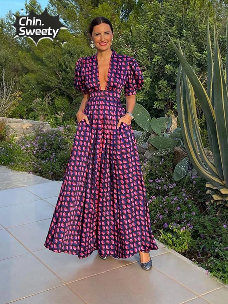 New Fashion Printed Pockets Women Long Dresses Elegant Deep V-neck Short Sleeved A-line Dresses Summer Female Evening Party Robe
New Fashion Printed Pockets Women Long Dresses Elegant Deep V-neck Short Sleeved A-line Dresses Summer Female Evening Party Robe