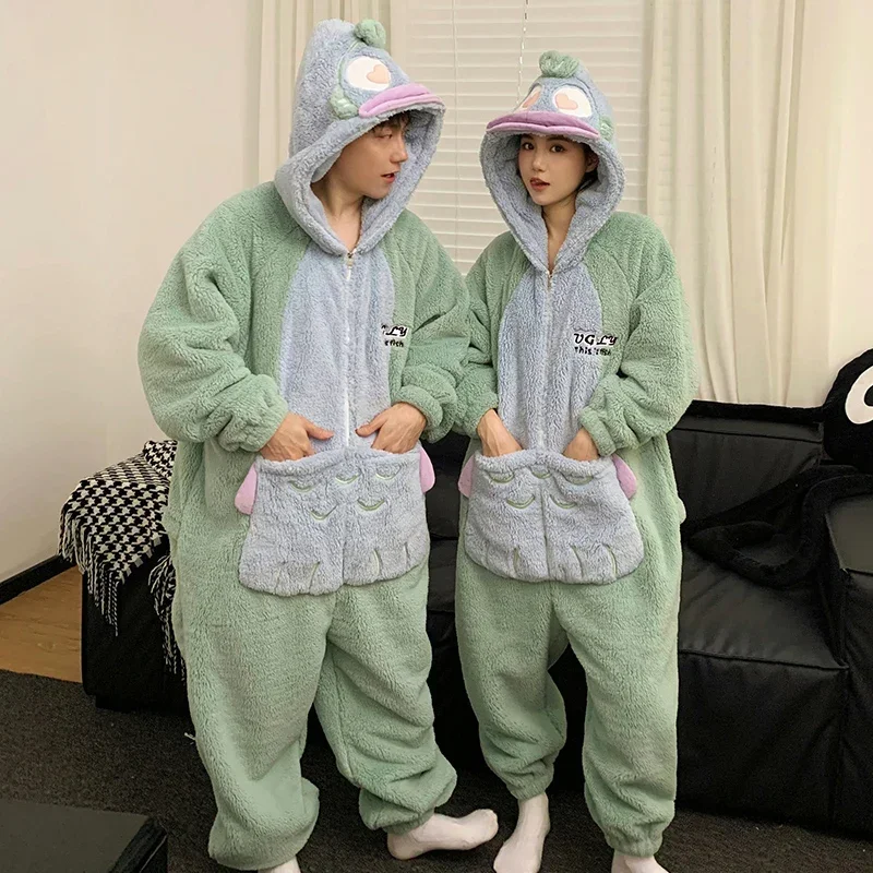 

Kigurumis Winter Couple Pajamas Jumpsuits Women Men Coral Fleece Sleepwear Onesie Cartoon Soft Warm Thicken Pyjamas Lover Pijama