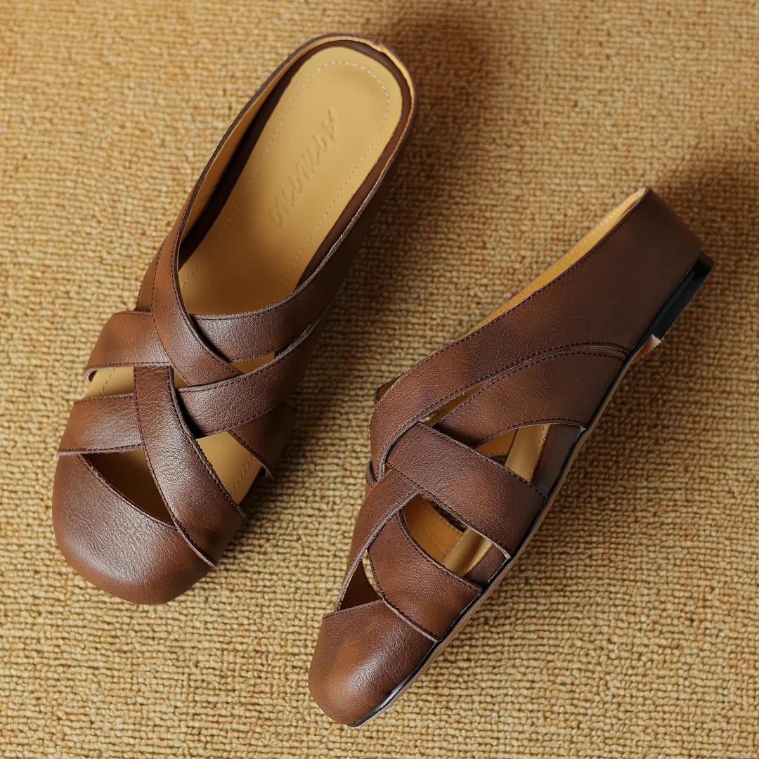 

Women's genuine leather narrow band braided slip-on flats summer mules square toe casual female high quality daily slides shoes