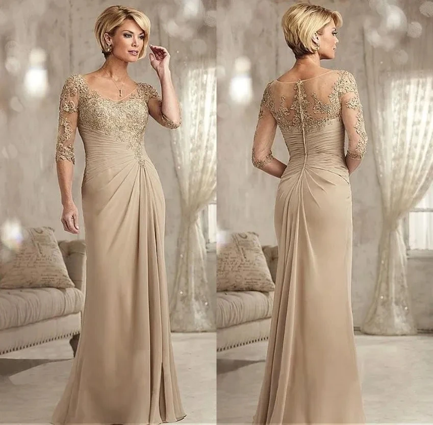 

Vintage Champagne Mother of Bride Groom Dresses 3 4 Sleeve Sheer Neck Appliques Beads Chiffon Long Evening Occasion Gowns