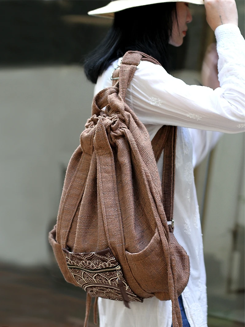 

Cotton Linen Bag Drawstring Mori National Fashion Large Capacity Ethnic Embroidery Printed Shoulder Backpack