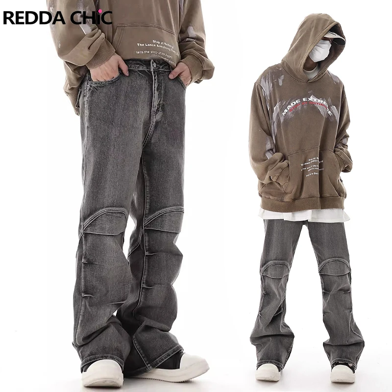 

ReddaChic Retro Gray Wash Pintuck Baggy Jeans Men Acubi Fashion Low Waist Wide Leg Y2k Pants Hiphop Trousers Harajuku Streetwear