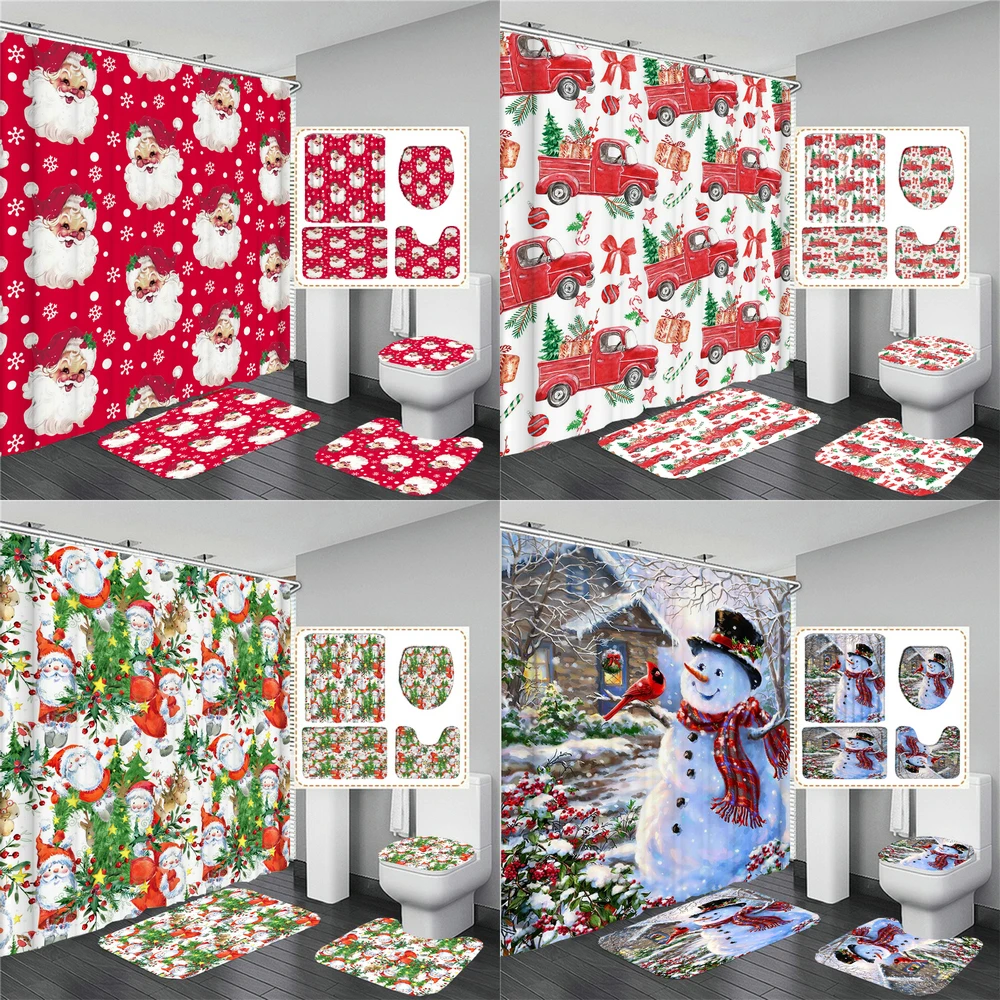 

Merry Christmas Shower Curtain Santa Claus Snowman Print Bath Mat Pedestal Rugs Toilet Lid Cover Xmas Bathroom Curtain Decor