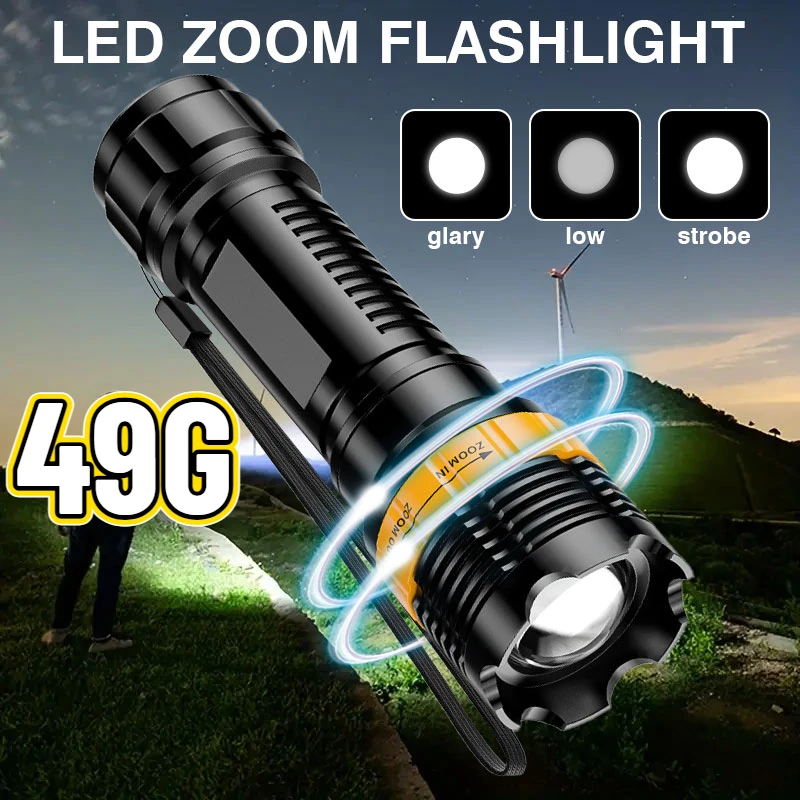 

LED Mini Powerful Flashlight Telescopic Zoom Rechargeable Waterproof Long Range Portable Torch Spotlight Emergency Lighting