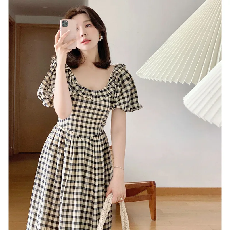 Women Summer Vintage Plaid Dresses Female French-style Elegant Short-sleeve Houndstooth Square-Collar Waisted Ruffles Dress 7-5
Women Summer Vintage Plaid Dresses Female French-style Elegant Short-sleeve Houndstooth Square-Collar Waisted Ruffles Dress 7-5