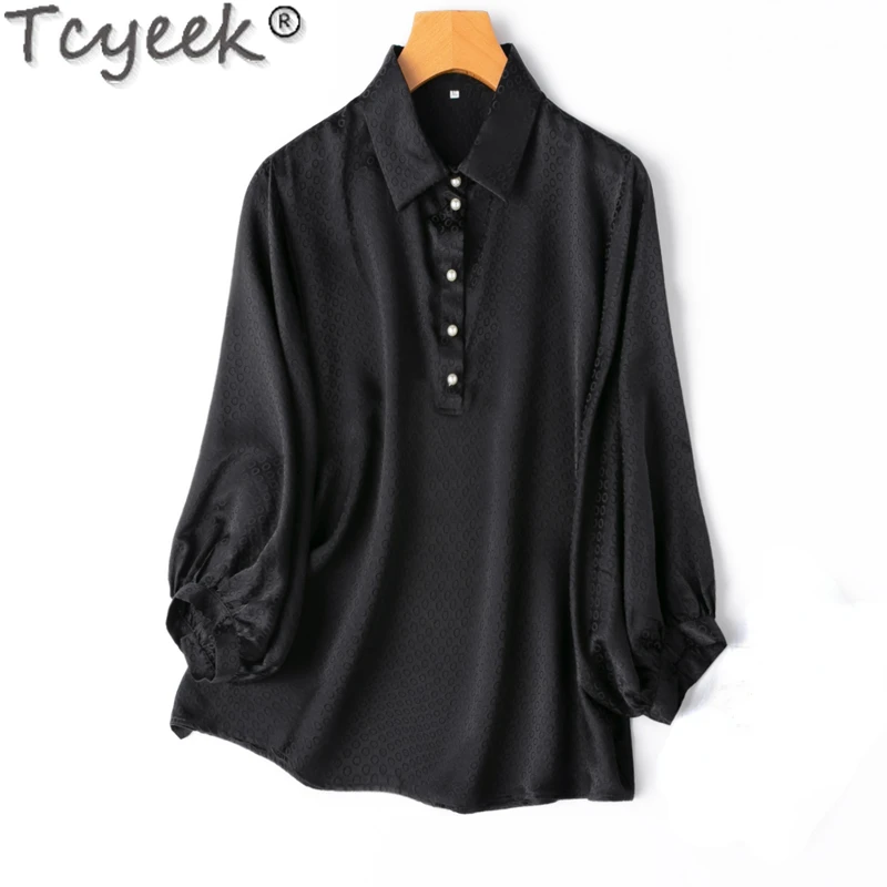 

Tcyeek 100% Mulberry Silk Blouse Women 2024 Spring Summer Black Tops Dot Elegant T-shirts for Women Clothes loose Блузка Женская