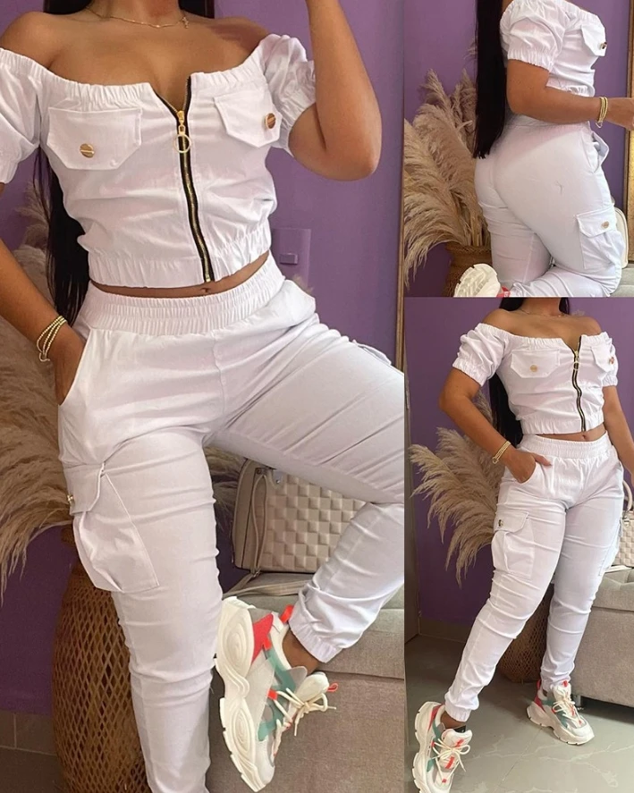 

Two Piece Set Women Casual Solid Color Off Shoulder Zipper Design Short Sleeve Crop Blouse Top and Pocket Cuffed Cargo Pants Set