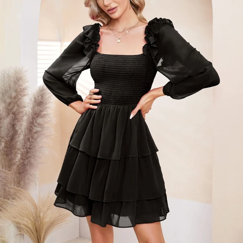 

Women Shirred Tiered Ruffled Hem 3/4 Puff Sleeve Swing Short Dress Square Neck Smocked High Waist Flowy A-Line Dresses