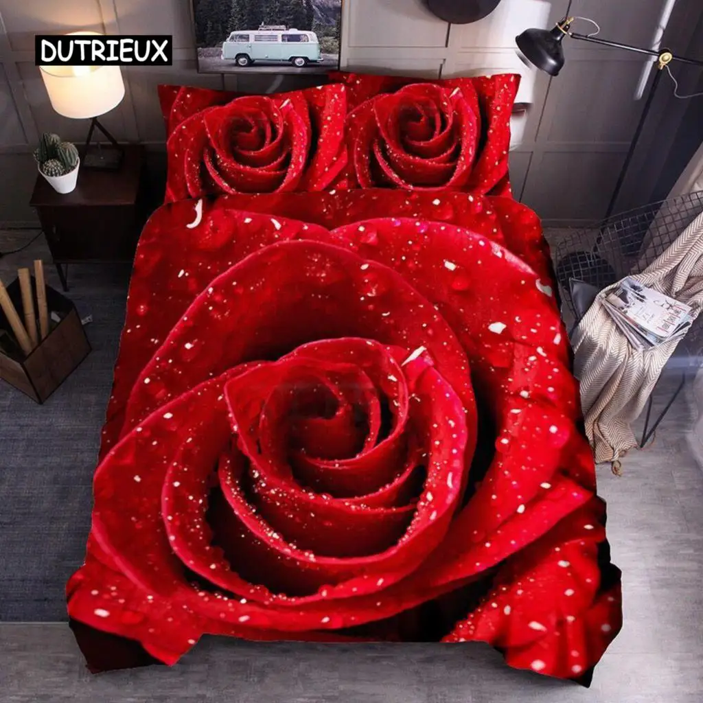 

Flower Duvet Cover Set King Microfiber Red Rose Blossom Flower Bedding Set Red Botanical Comforter Cover Romantic Quilt Cover