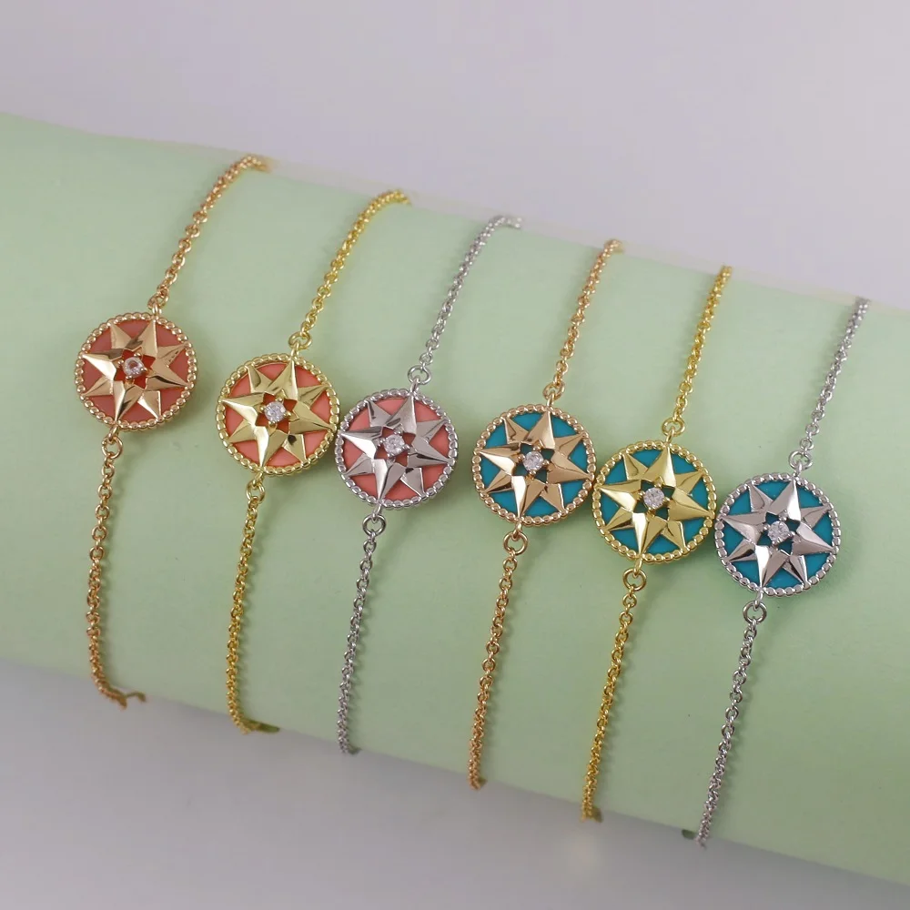 

Turquoise Pink Shell Single Round Compass Octagonal Star Bracelet Women's 925 Sterling Silver Simple Fashion Brand Jewelry