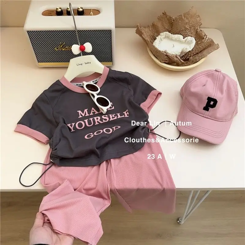 

Girls' Summer Suits 2023 Summer New Children and Teens Short Sleeve Drawstring Top Cropped Pants Suit Two-Piece Set