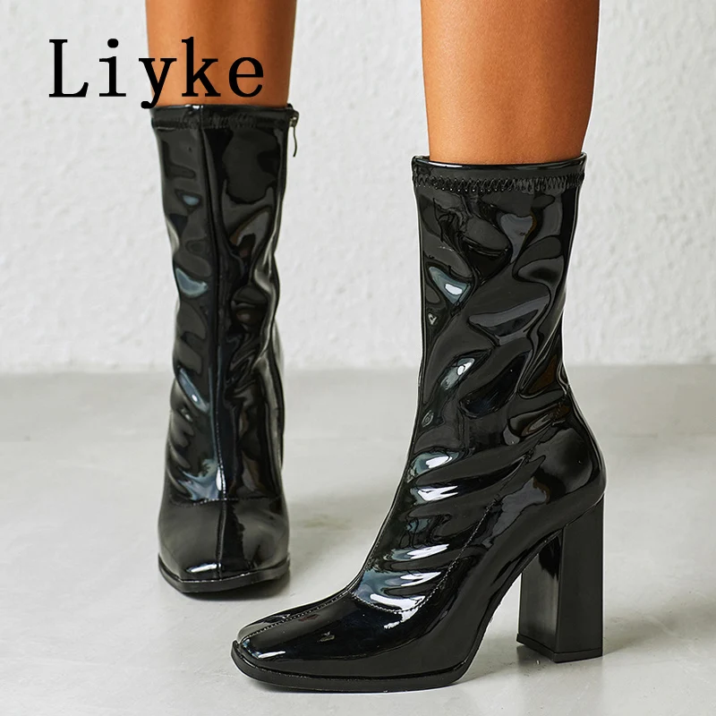 

Liyke Autumn Winter Chelsea Ankle Boots For Women Black Patent Leather Square Toe High Heels Fashion Zip Party Shoes Booties